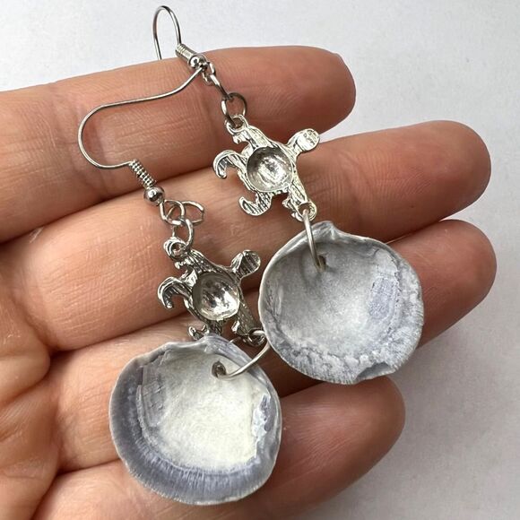 Dangle Earrings Genuine Handcrafted Seashell Turtle Blue Gray Coastal Beach - Picture 10 of 15